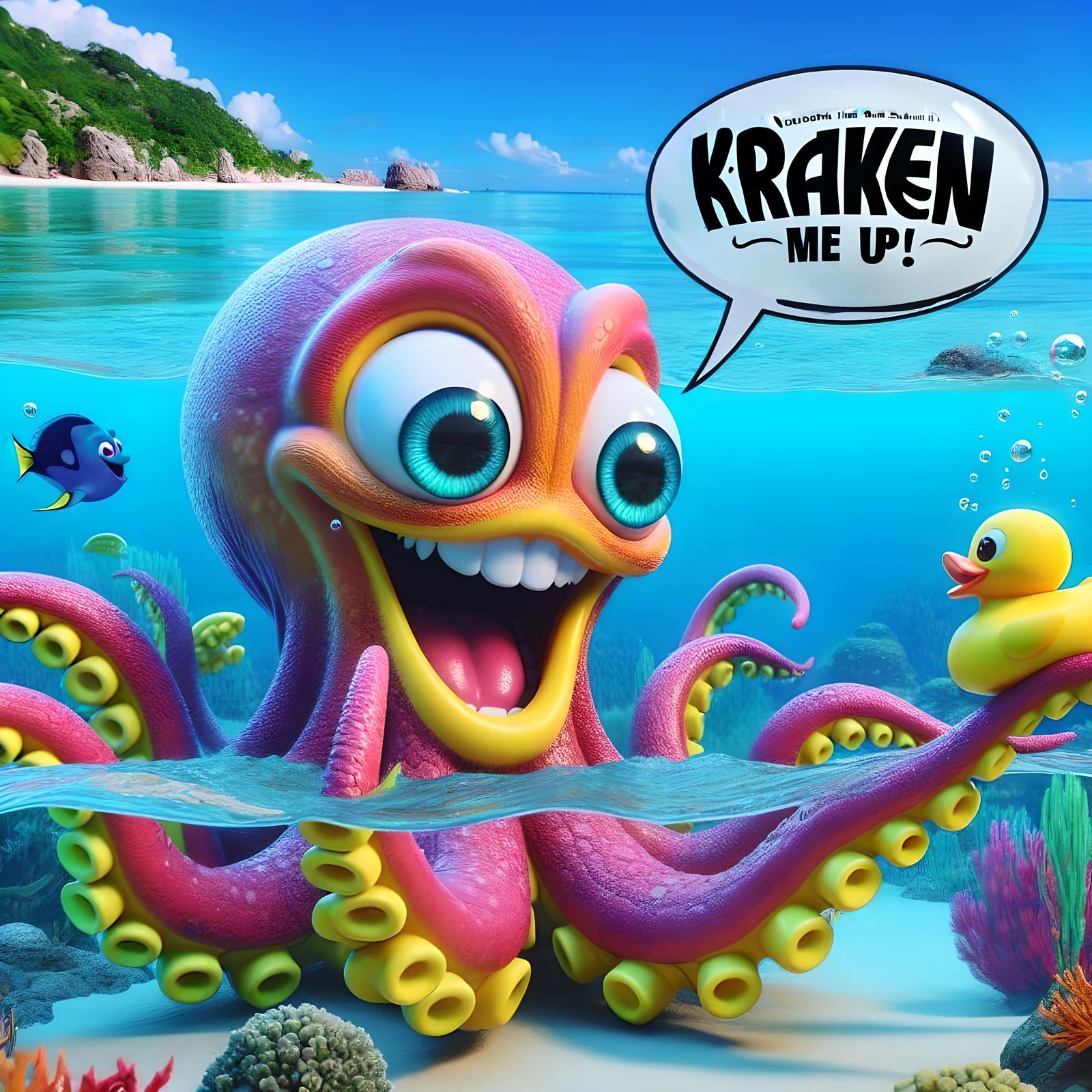 Funny Kraken Cartoon in Clear Blue Water