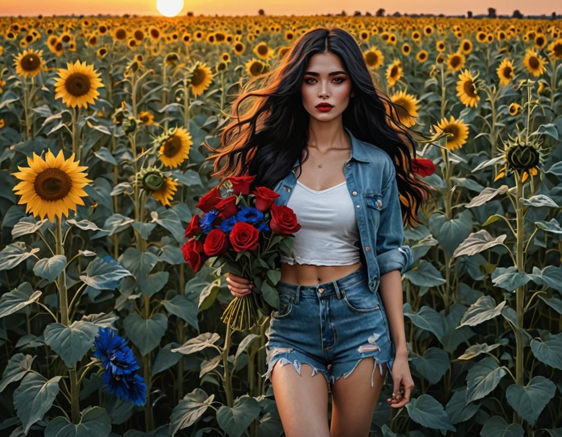 Girl with Roses in Sunflower Field