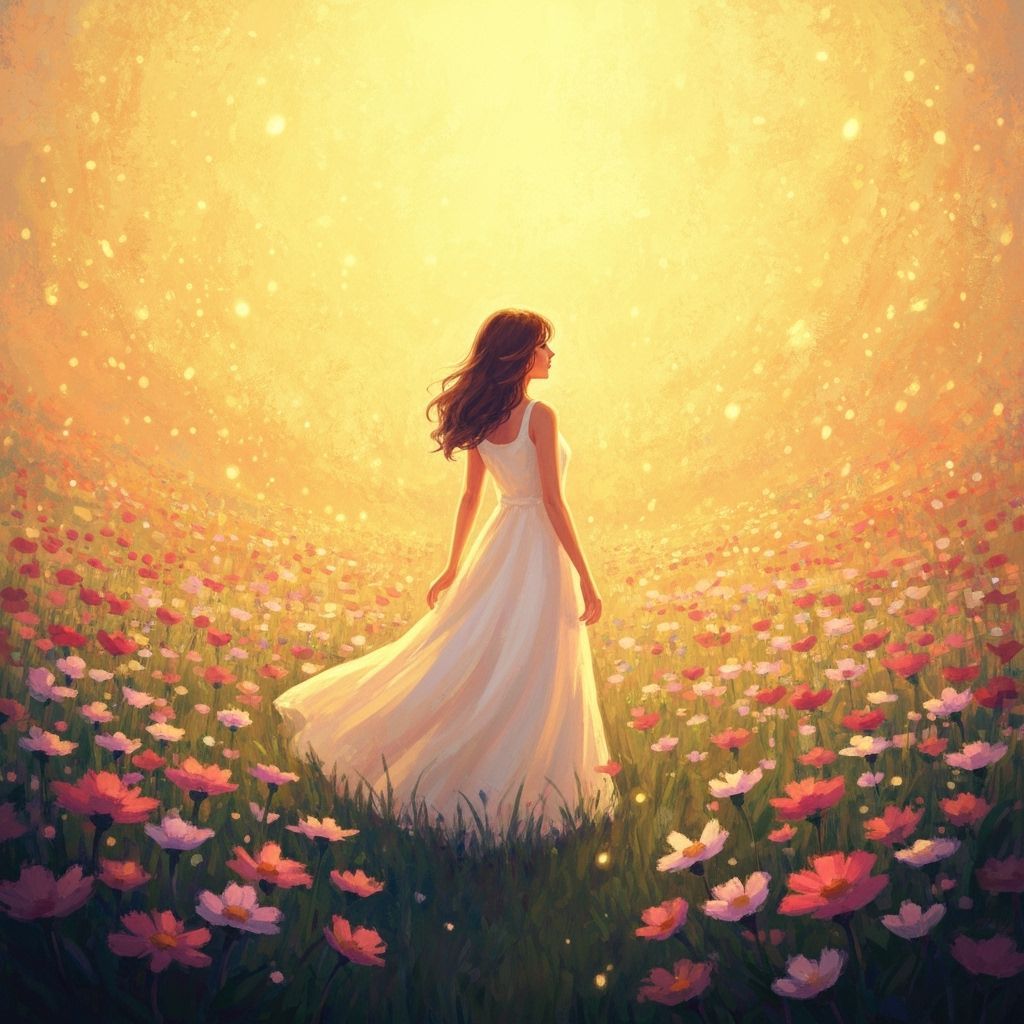 Woman in Flower Field with Golden Light
