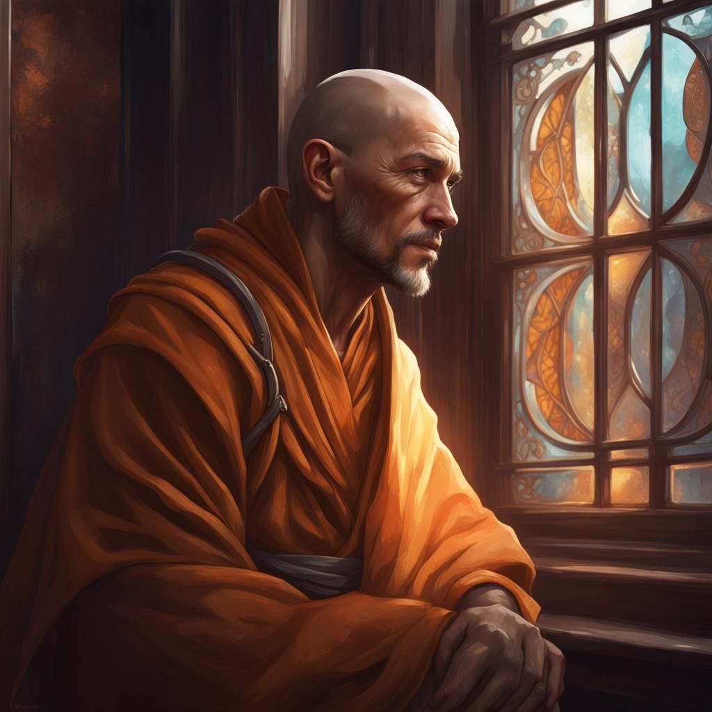 Monk Gazing Out Window: Hyperdetailed Portrait