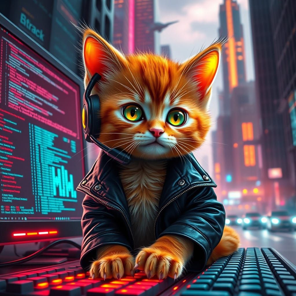 Cyberpunk Kitten Hacks the Mainframe in Neon City