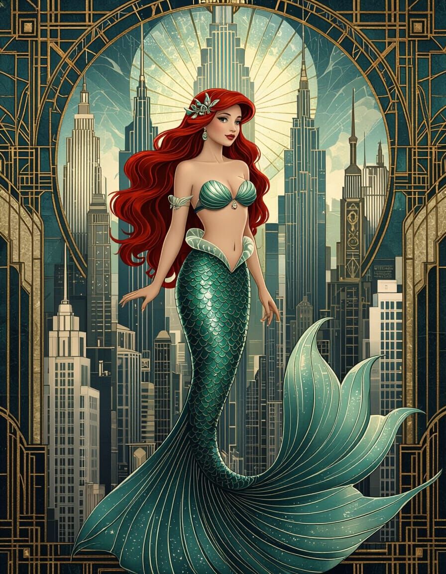 Art Deco Mermaid in Opulent Cityscape