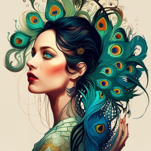 Luminous Peacock with Golden Outlines, Digital Art