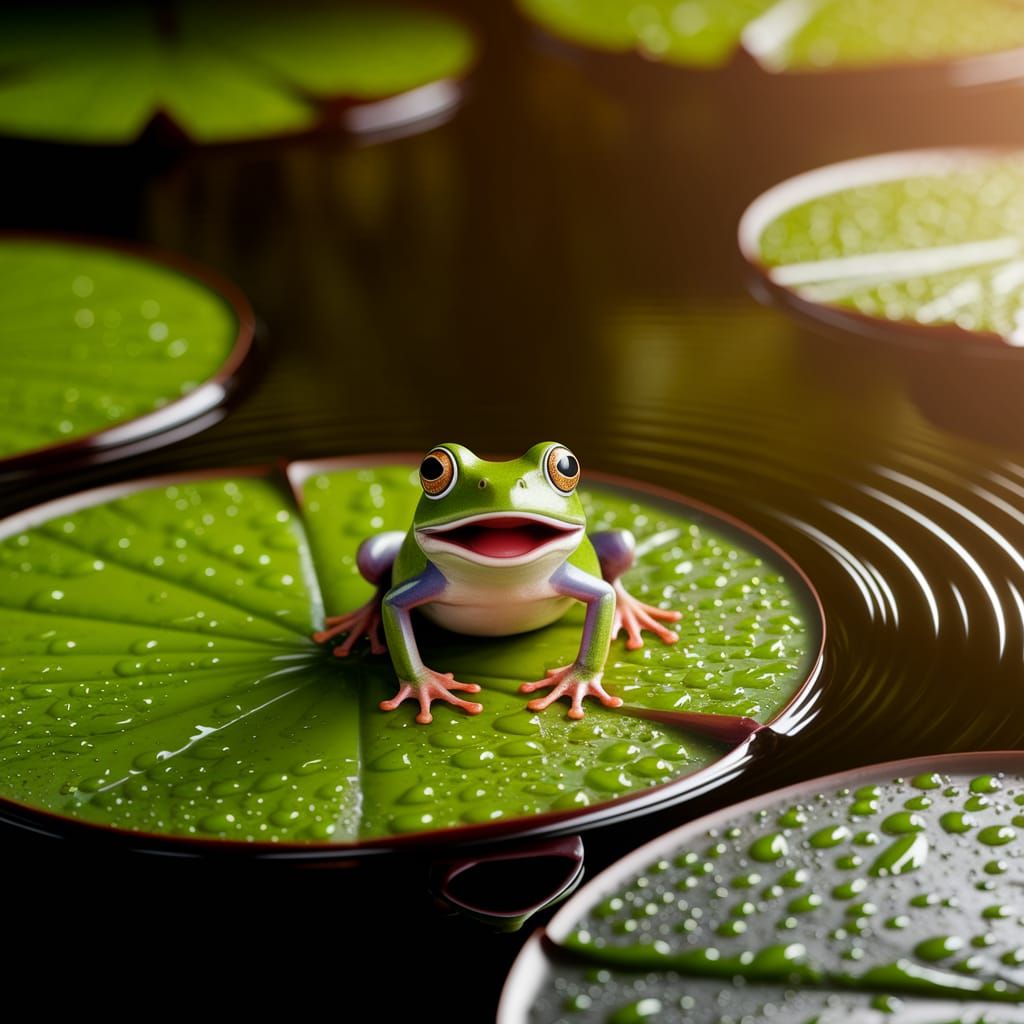 Surprised Frog on Lily Pad in Pond