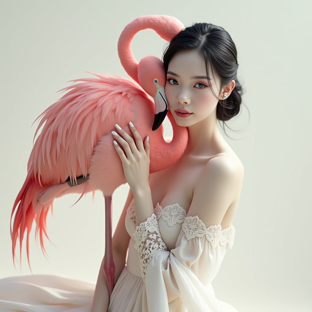 Surreal Fantasy Portrait of an Albino Woman with Flamingo