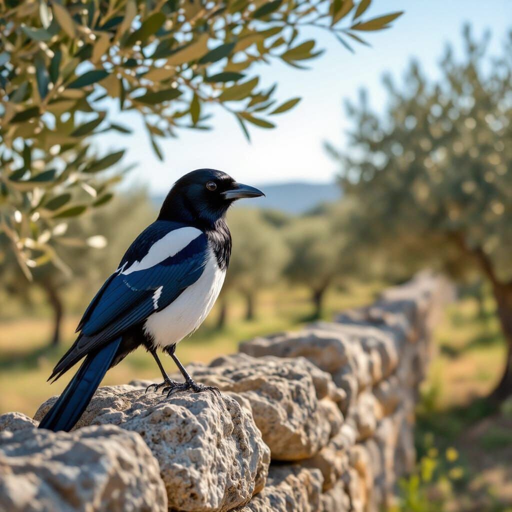 Hyperrealistic Eurasian Magpie on Stone Wall in Olive Grove