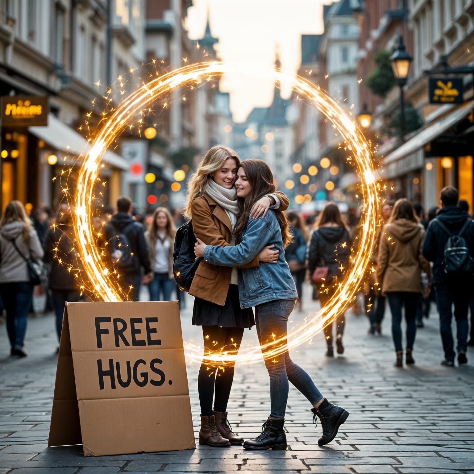 Warm Embrace in City Crowd with Free Hugs Sign