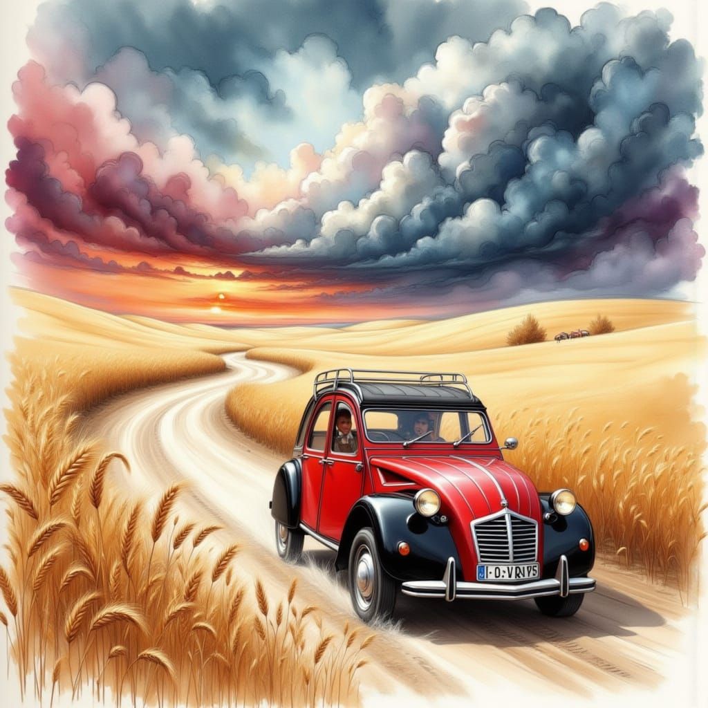 Vintage Car in Golden Fields Watercolor Ink Illustration