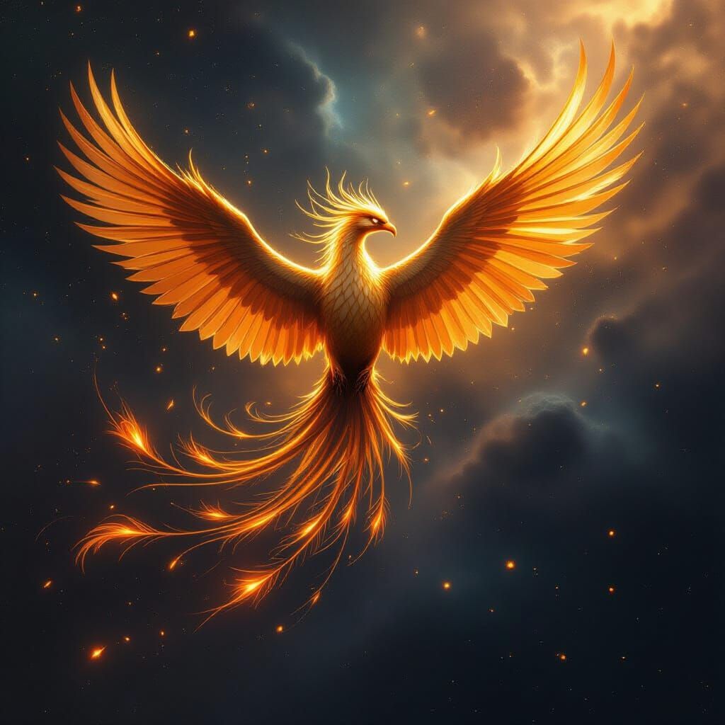 Golden Phoenix in Cosmic Nebula, Ethereal Glow