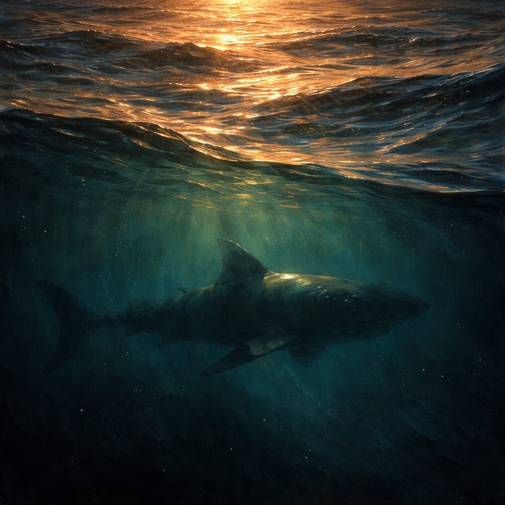 Dramatic Oil Painting of Sunlit Ocean Surface and Shark Silh...