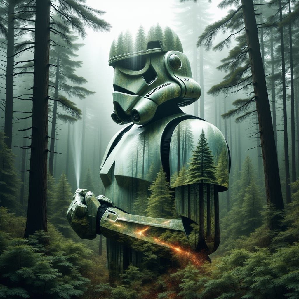 Double Exposed Storm Trooper in a Forest Landscape