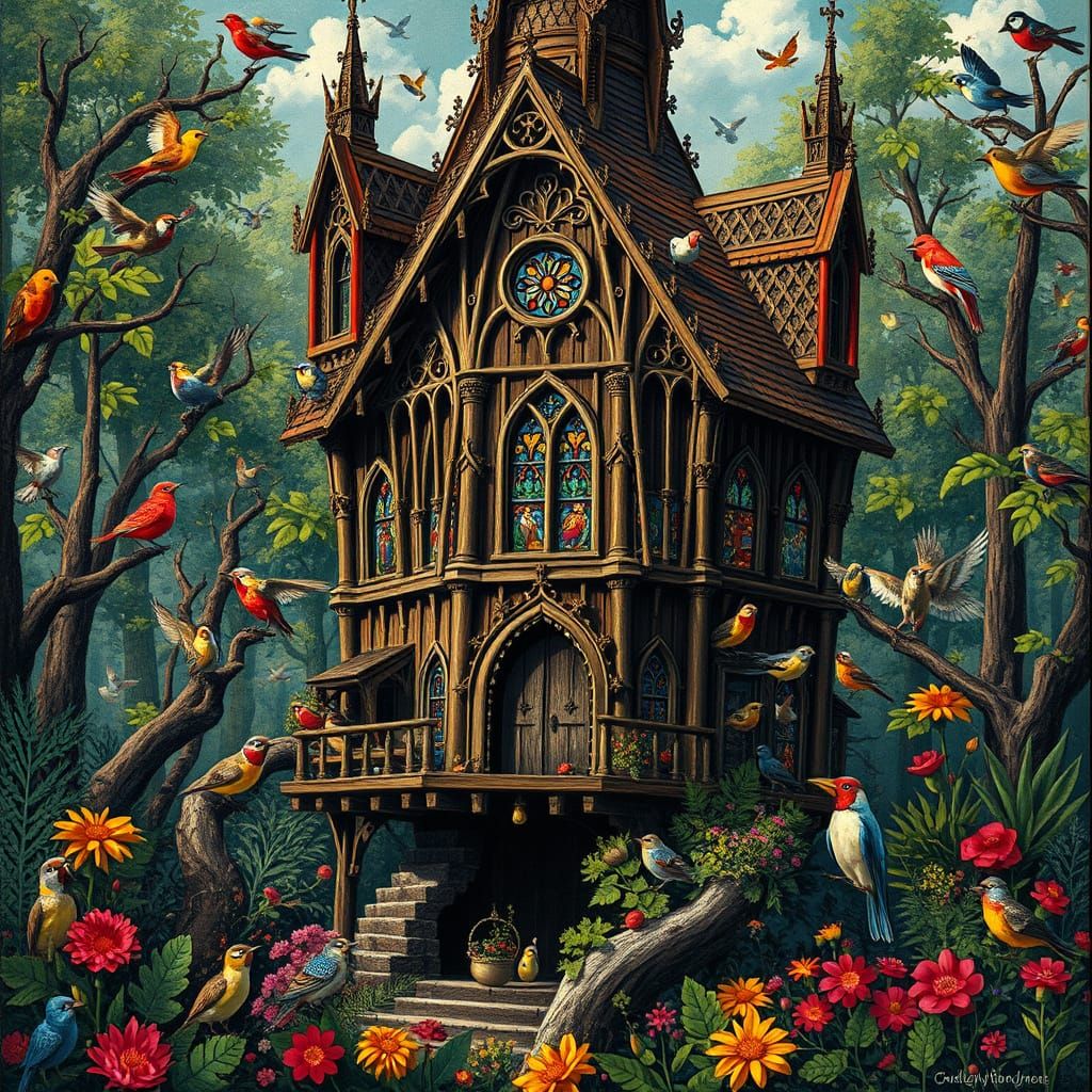 A colossal, surrealist birdhouse resembling a gothic cathedr...