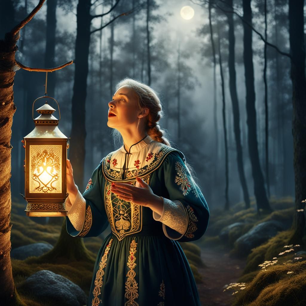 Nordic Woman Singing in Forest: Magical Realism