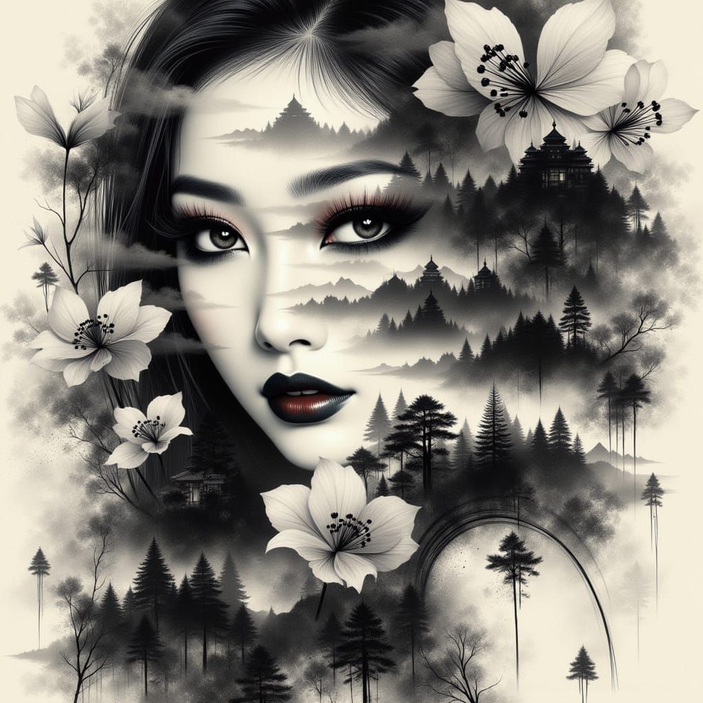 Hyperrealistic Asian Woman in Dreamy Chicano Landscape