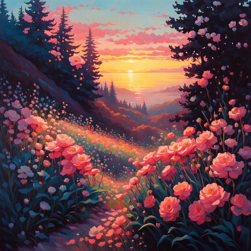 Translucent Flowers in Evening Light, Impressionistic Style