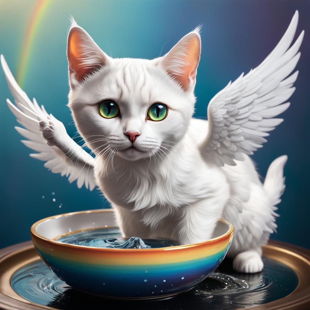 White Cat with Angel Wings in Hyperrealistic Style