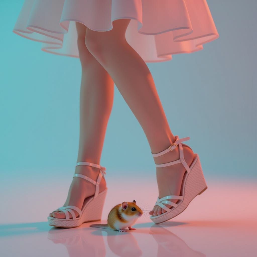 Girl Steps on Hamster in Hyperrealistic Style
