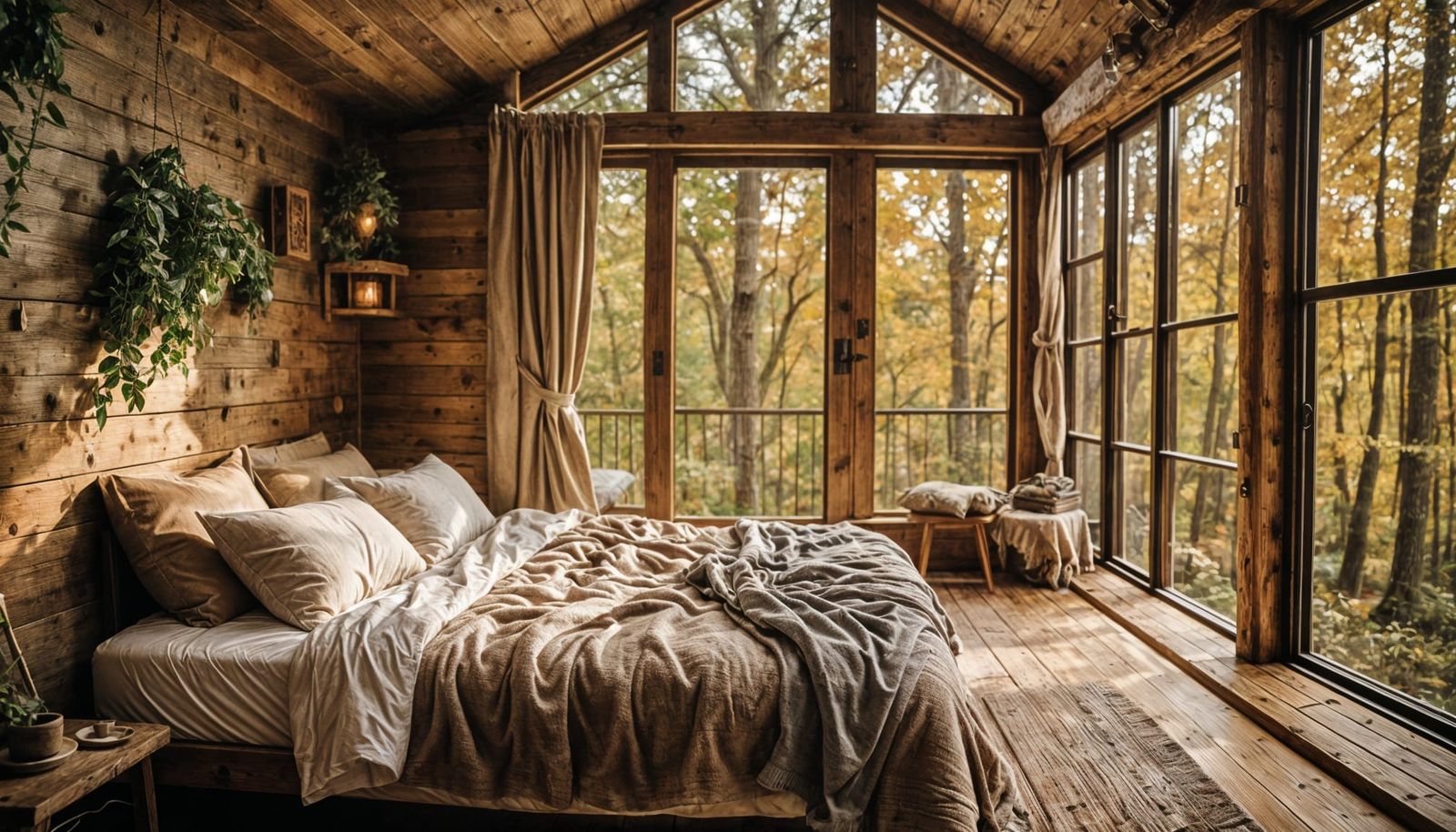 Cozy Rustic Treehouse Bedroom with Forest View