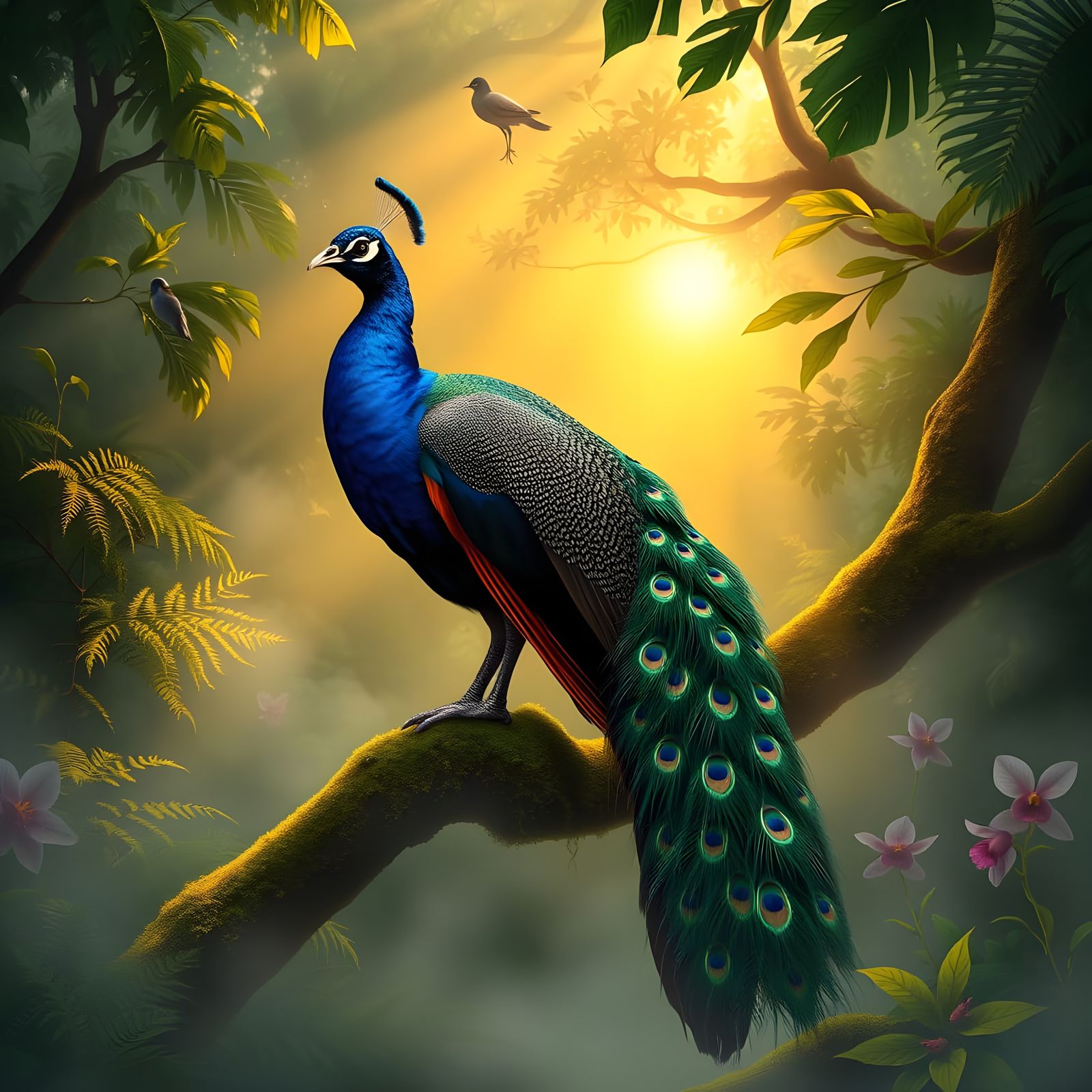 Surreal Blue Mountains Peacock Unfolds Vibrant Plumage