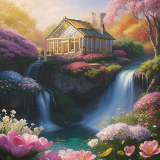 Glass House Overlooking a Surreal Flower Waterfall