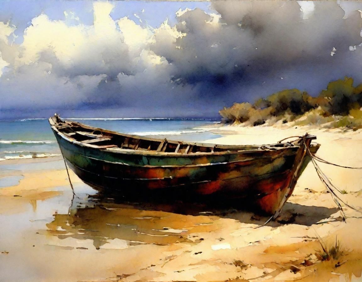 Deserted Fishing Boat on a Cloudy Beach