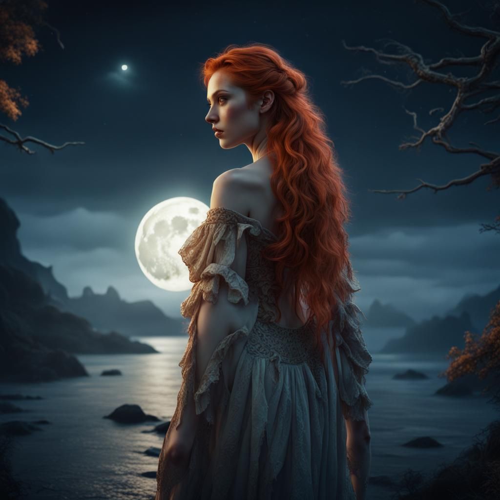 Ginger Woman in Moonlight: Fantasy Concept Art