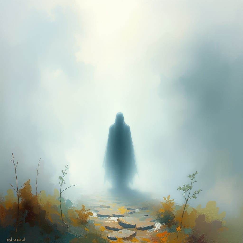 Ethereal Figure Staining Eternity: Dreamy Landscape Art