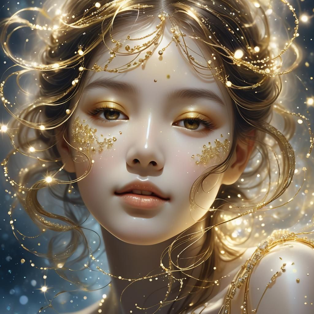 Serene Face in Sparkling Light: Golden Particles and Pearls