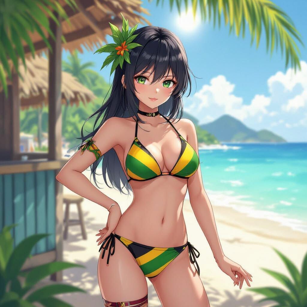 Qiuhua on Jamaican Beach in Anime Style