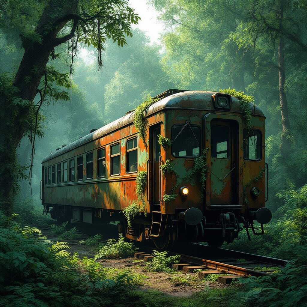 Abandoned Train Carriage Reclaimed by Overgrown Forest