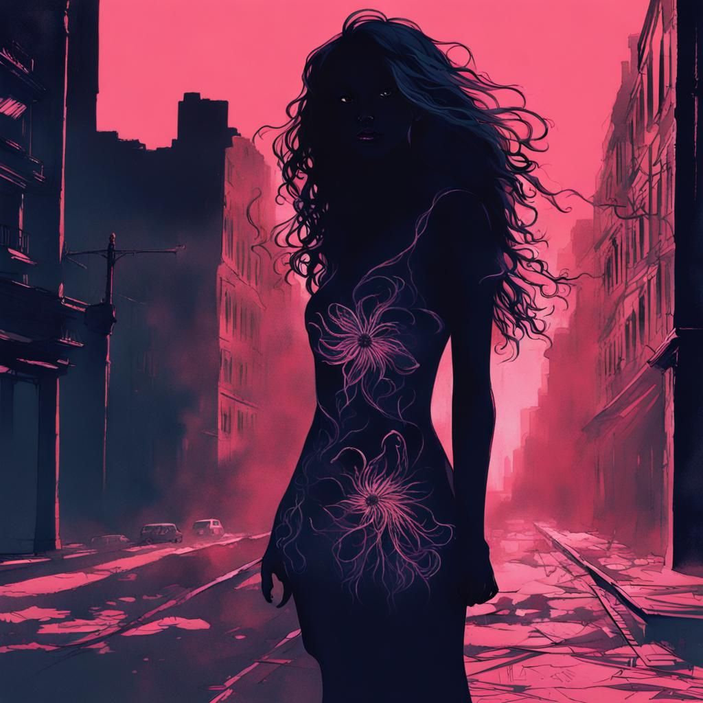 Empowered Silhouette in a Fantastical Cityscape