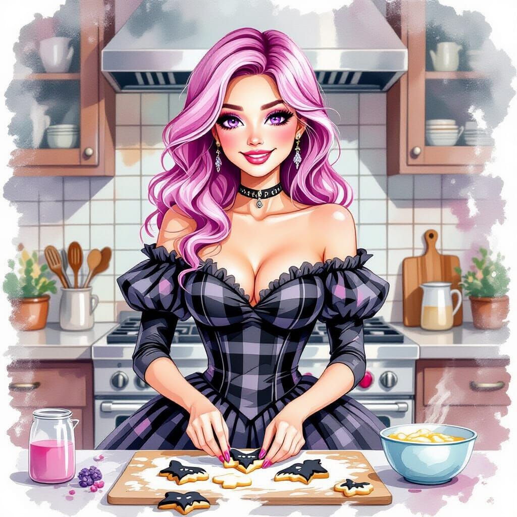 Pink Haired Woman Baking Raven Cookies in Watercolor Style