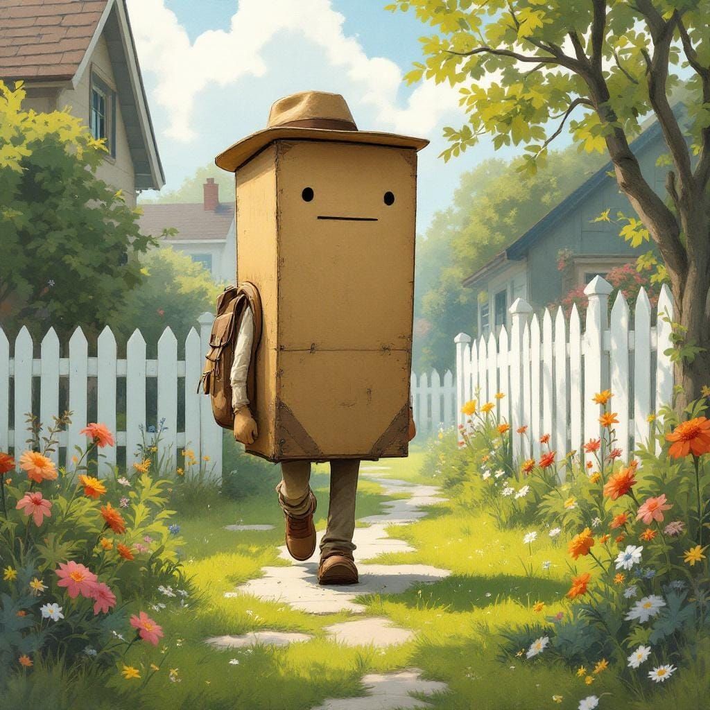 Box Character Walks Into Yard, Folk Art Style