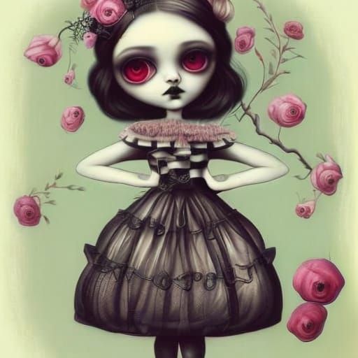 Gothic Girl with Flowers in Lowbrow Art Style