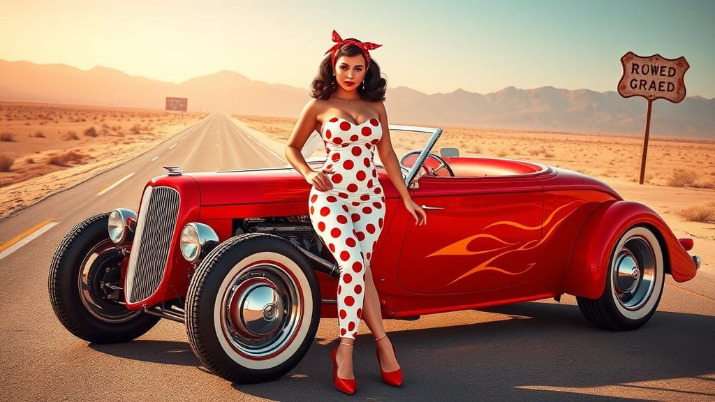 1950s Rockabilly Pin-Up Girl Leans Confidently on Cherry Red...