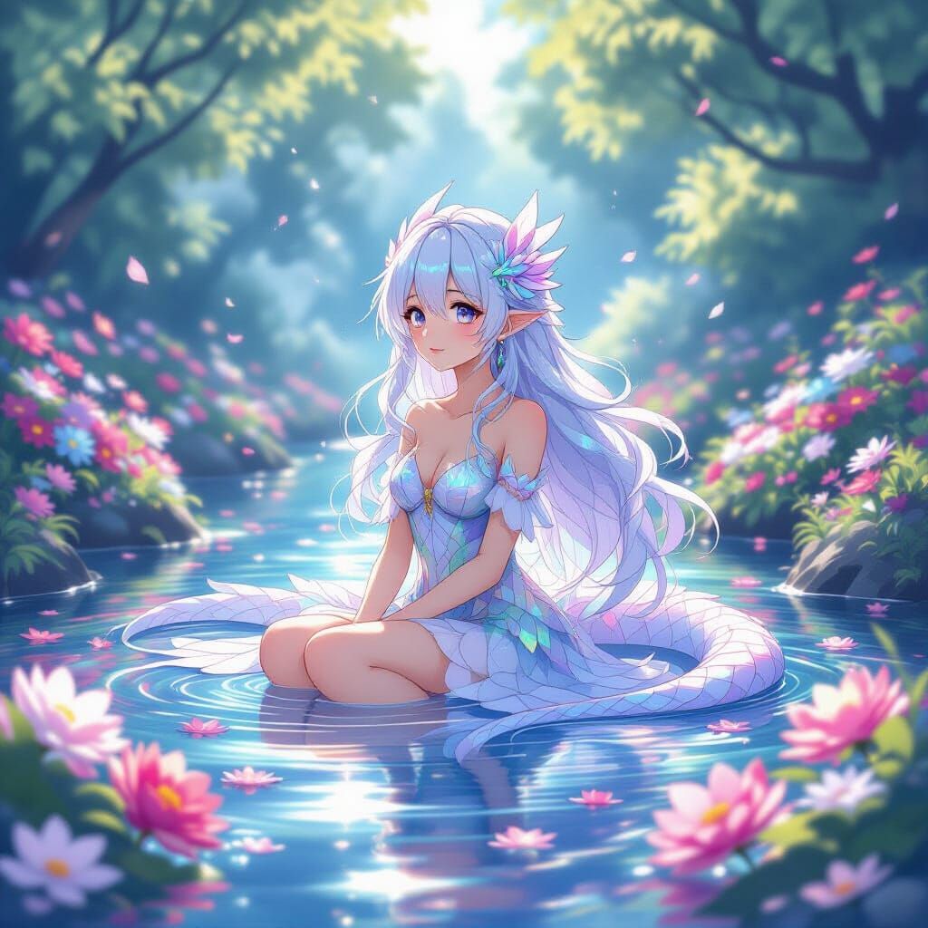 Anime Dragon Girl in Floral River