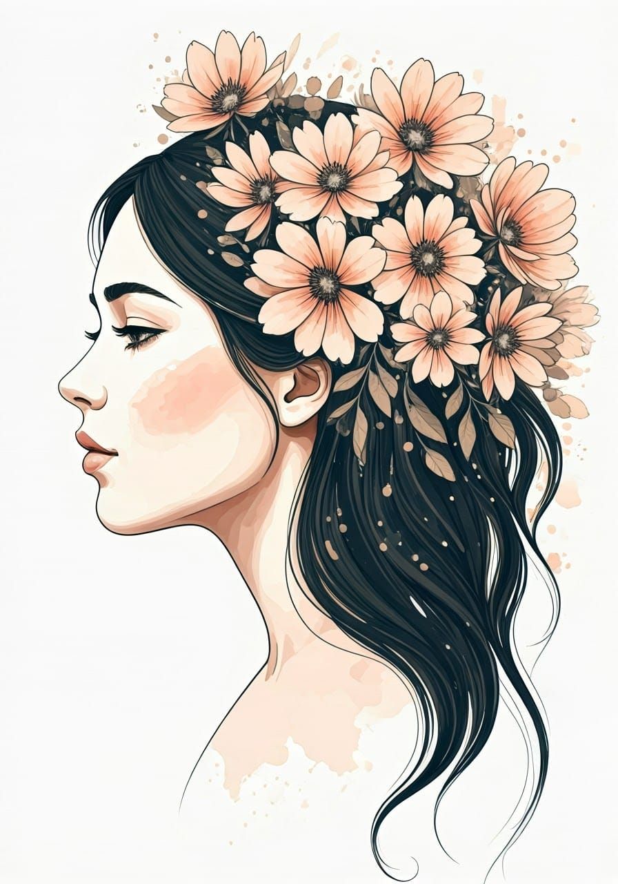 Serene Woman Among Whimsical Wildflowers in Soft Watercolor