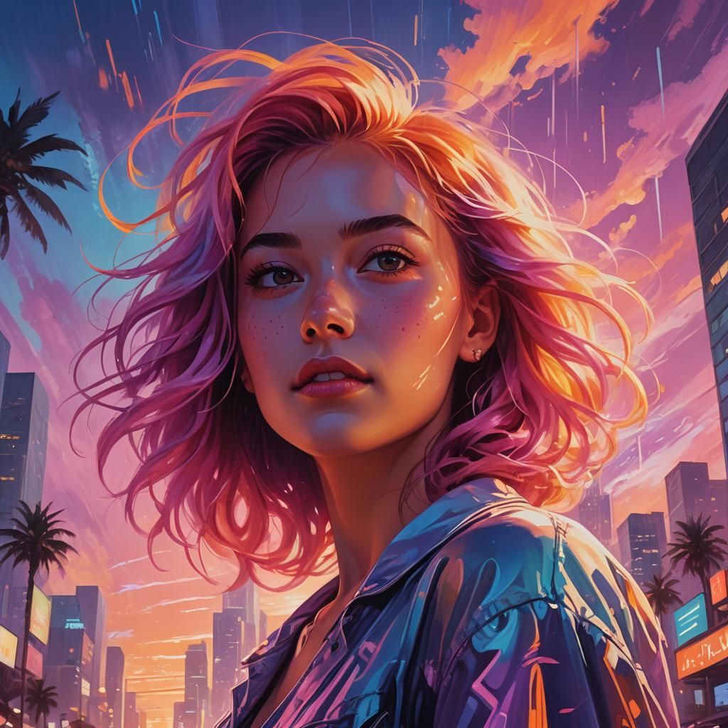 Dreamlike 80s Girl in Neon Cityscape