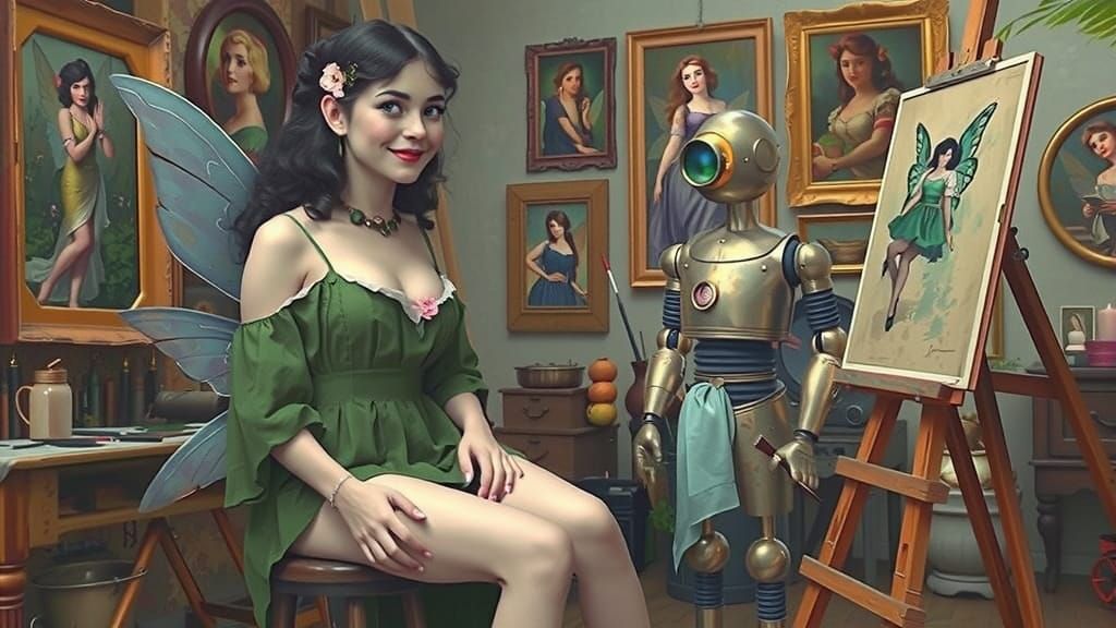 Victorian Fairy and Robot in Art Studio
