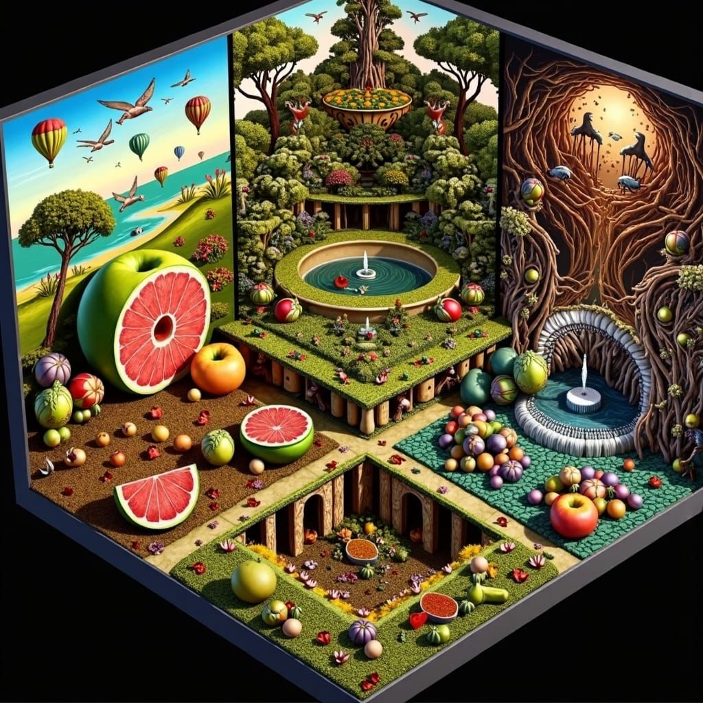 Surreal Garden of Earthly Delights in 3D