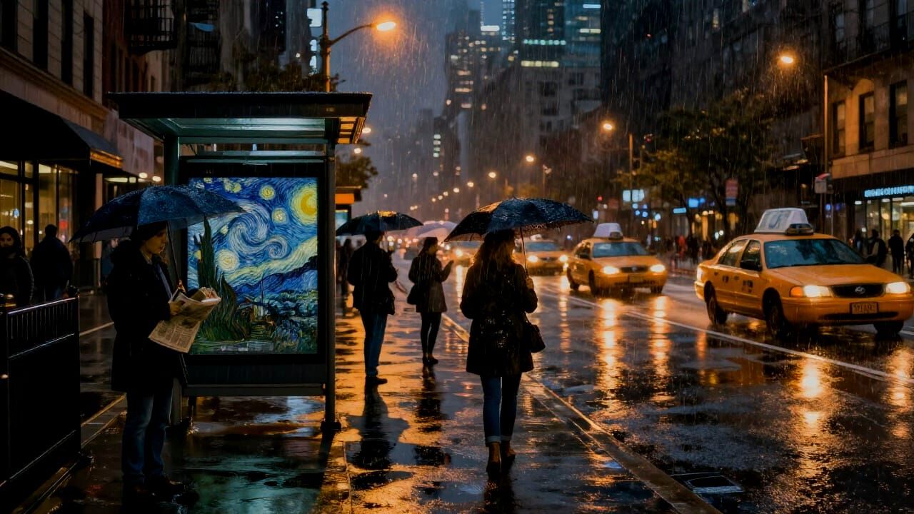 Urban Rain Scene with Impasto Textures and Light Painting