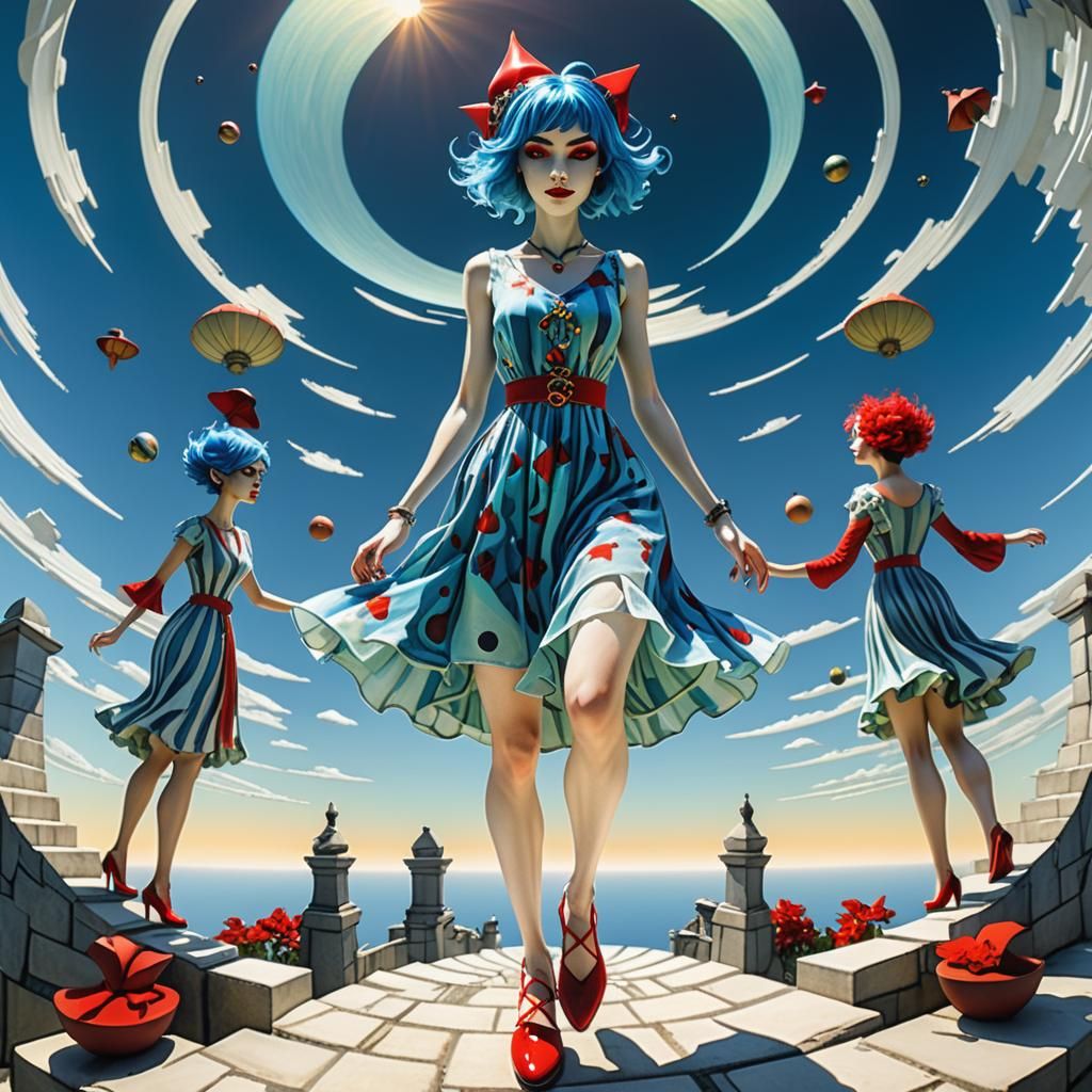 Comic Arthurian Sorceress in Escher World