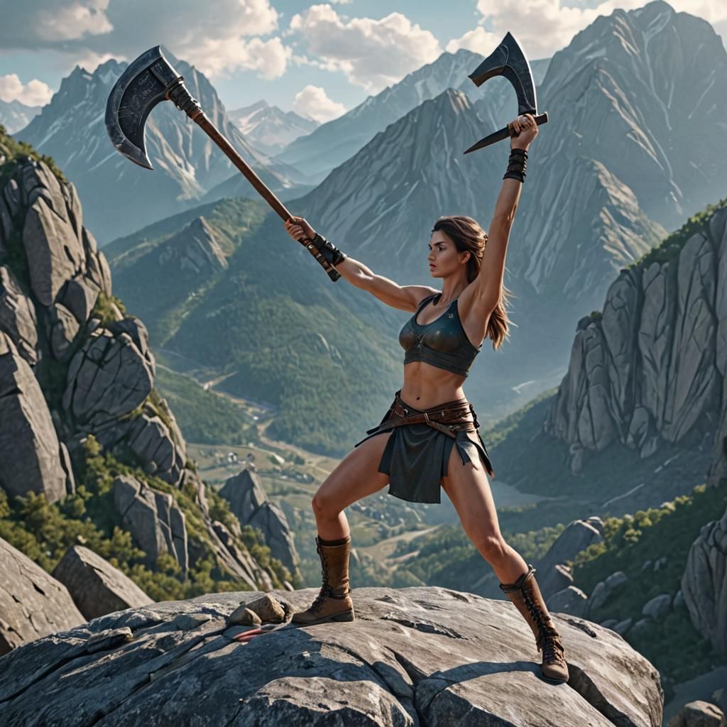 Female Warrior with Axe on Mountain Rock