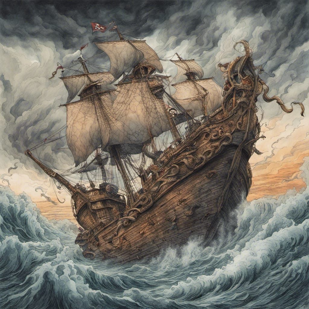 Kraken Attacks Pirate Ship: Comic Manga Style