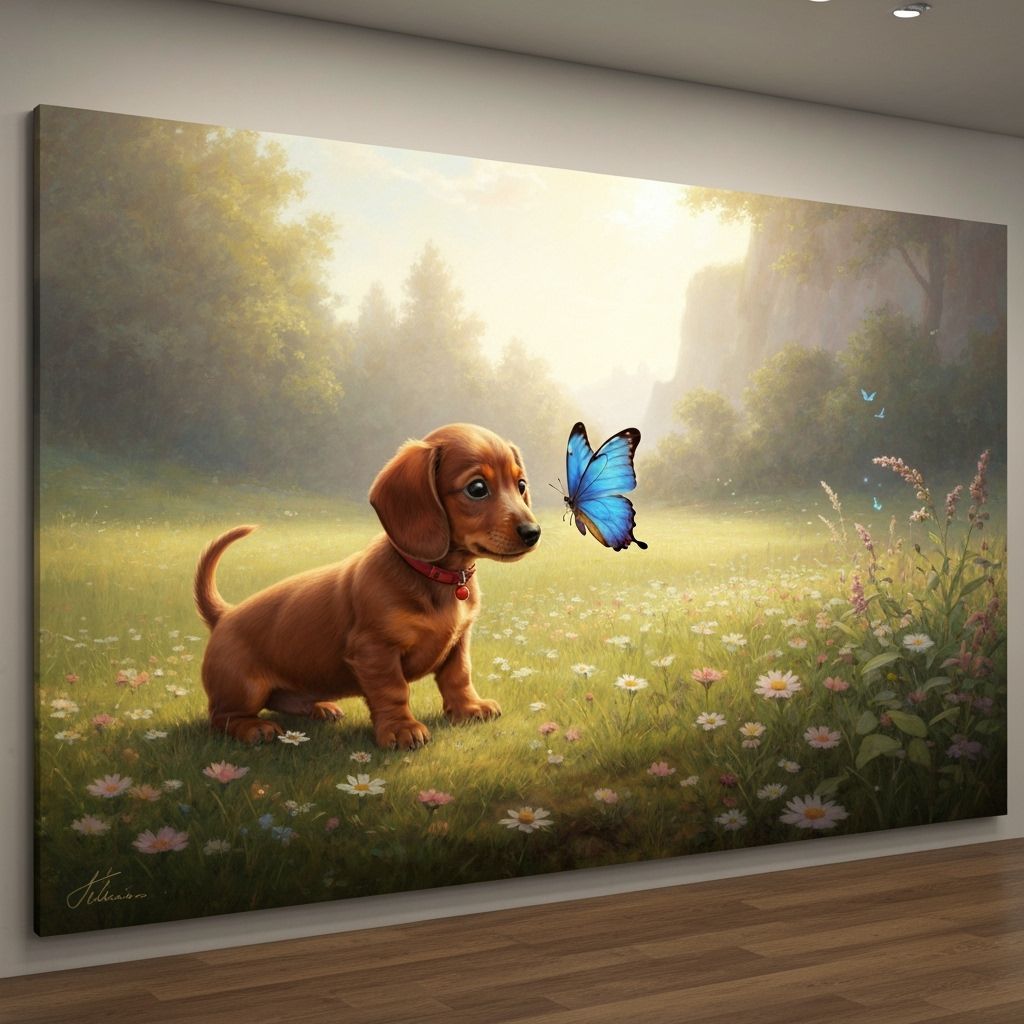 Dachshund Puppy and Butterfly in Impressionist Garden