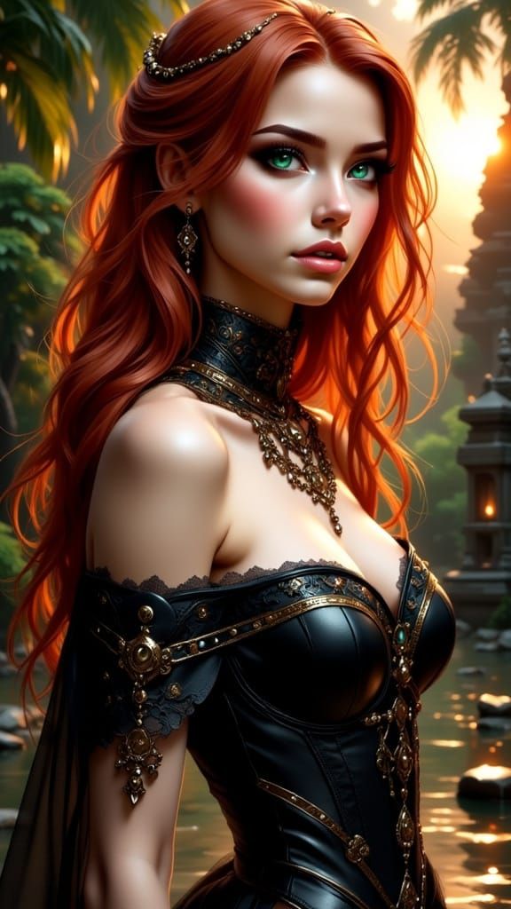 Ethereal Red-Haired Woman in Ornate Attire at Temple