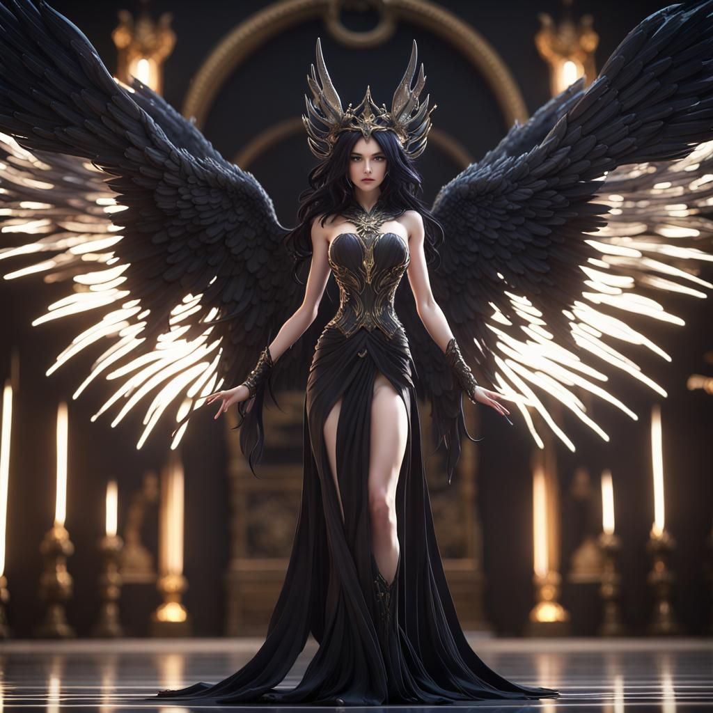 Evil Goddess with Black Wings in Anime Style