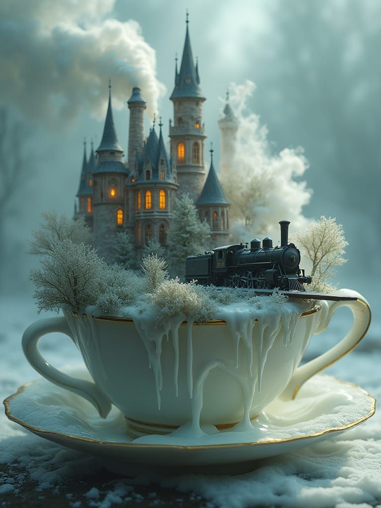 Miniature Gothic Castle on Teacup with Steam Train