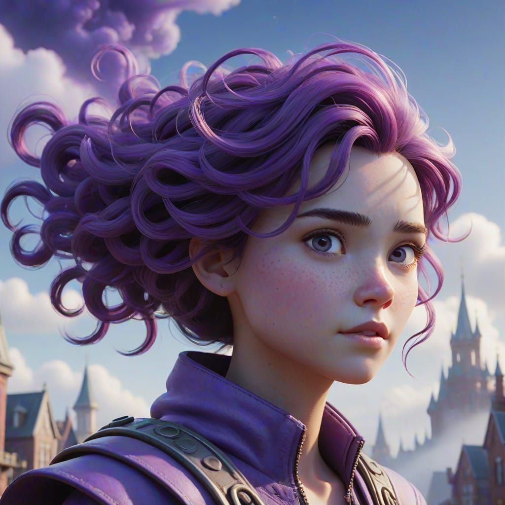 Ethereal Purple Air Elemental in Whimsical Cloud Cityscape