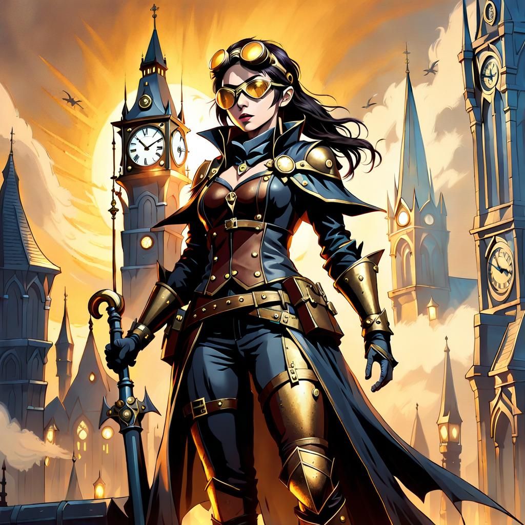 Steampunk Witch Hunter in Industrial Cityscape